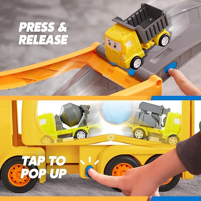 Vroomix Extra Large Toy Trucks for Toddlers, 3-Layer Construction Trucks for Boys, 7-in-1 Big Carrier Truck with Siren & Lights and 6 Toy Cars, Christmas Birthday Gifts for Boys Kids