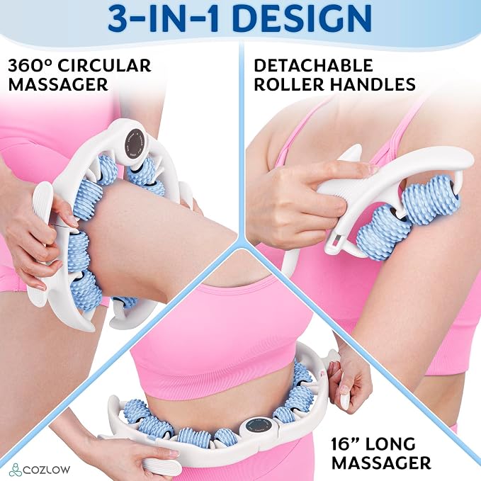 COZLOW Cellulite Massage Roller - Blue - Anti-Cellulite Massager with Detachable Roller Handles for Thighs, Legs & Buttocks - Fascia Massage Tool for Lymphatic Drainage & Deep Tissue Therapy