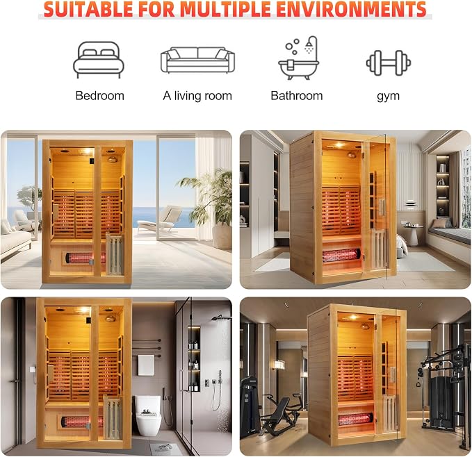 Infrared & Steam Dual-System Sauna Room, 2 Person Canadian Hemlock Sauna with Backrest, Indoor Traditional Home Saunas Spa with 6 Heaters & 3.5KW Sauna Stove, Oxygen Bar, 51.18"x47.24"x74.86"