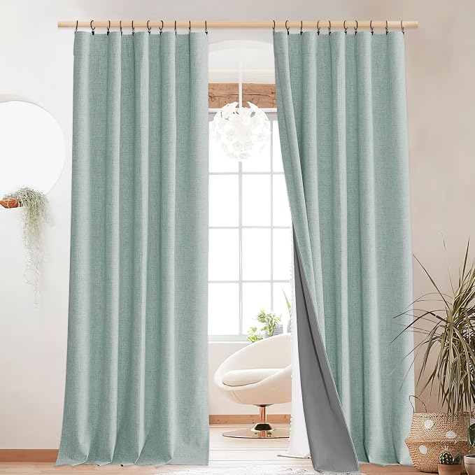 NICETOWN Seafoam Green Blackout Linen Curtains 95" Long, Rod Pocket Back Tab Full Light Blocking Drapes with White Thermal Insulated Liner for Nursery, Hall, Villa (2 Pieces, 52" Wide Each Panel)