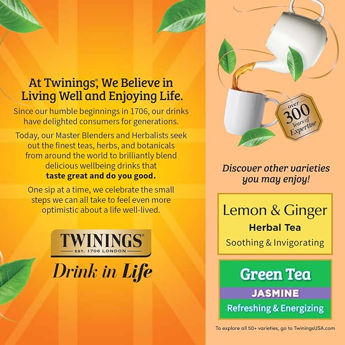 Twinings Peach & Orange Herbal Tea Individually Wrapped Bags, 100 Count (Pack of 1), Juicy & Fruity, Naturally Caffeine-Free, Enjoy Hot or Iced, 100 Teabags