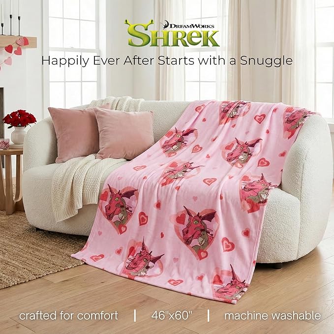 Shrek Donkey & Dragon Bedding Super Soft Plush Cozy Throw Blanket, 46 in x 60 in, Valentine's Day (Officially Licensed Product) by Franco Collectibles