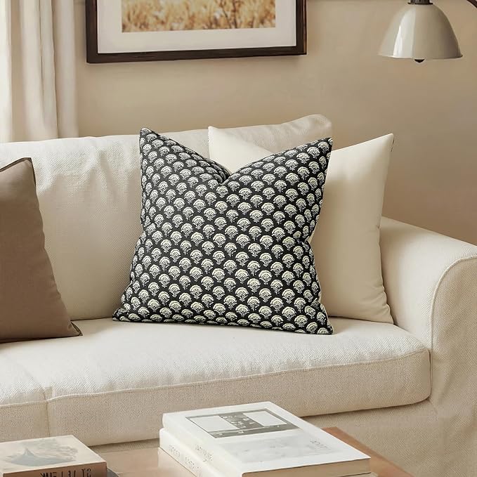 MIULEE Floral Print Decorative Pillow Covers Fall 20x20, Black | Vintage Boho Farmhouse Modern Home Decor, Set of 2, Block Print Cushion Covers for Couch Sofa Bed Living Room