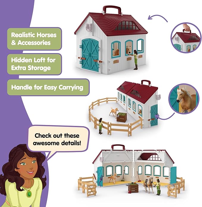 Schleich Horse Club - 60PC Little Horseshoe Open Stable Playset - Easy Carry Set with 2 Horse Figurines, Action Figure, Stable and Accessories - Toy Horses for Girls and Boys - Kids Ages 4+ | 42703