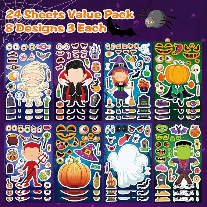 24 Sheets Halloween Stickers - Make Your Own Stickers for Kids, Make a Face Sticker, Halloween Party Favors Crafts Gift