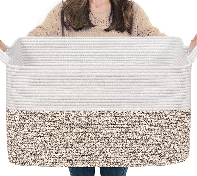 Goodpick 75L Extra Large Woven Blanket Basket, 22" x 17" x 12", Light Brown | Decorative Storage Basket for Blankets, Pillows & Toys, Cotton Rope Basket for Living Room & Bedroom, Stylish Home Decor