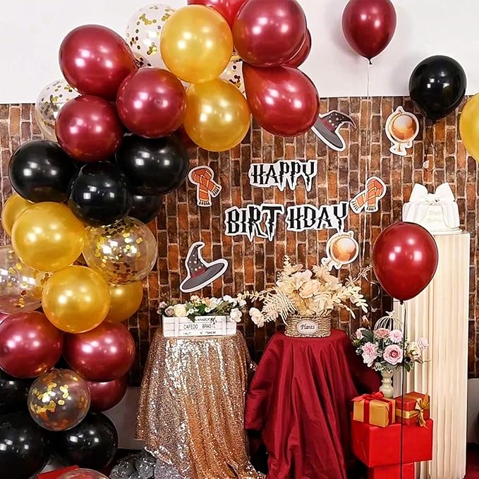 Black Burgundy Gold Balloons, 60Pcs Maroon Black Metallic Gold Confetti Balloon, 12Inch Pearl Burgundy Yellow Latex Balloons for Kids Cartoon Birthday Baby Shower Graduation Party Decorations