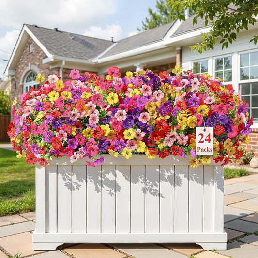 Alupssuc 24 Bundles Artificial Daisy Flowers UV Resistant for Outdoor Decor | Silk & Plastic, Spring Faux Plants Greenery, Bendable Stems, for Porch Patio Hanging Window Planter Yard Outside, 6 Colors