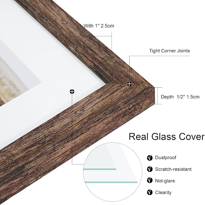 Hongkee 10x14 Picture Frame Set of 4, Made of Glass and Rustic Brown Wooden Frame, Display 8x12 Pictures with Mat or 30 x 40cm Diamond Painting Art without Mat for Wall Mounting, Gallery Photo Frames