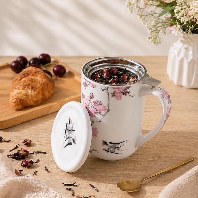 AmorArc Porcelain Tea Mug with Infuser and Lids, 18 Oz Coffee Cup Strainer with Bag Holder for Loose Leaf Tea, Steeping Coffee Mug for House-warming Wedding Birthday Gift