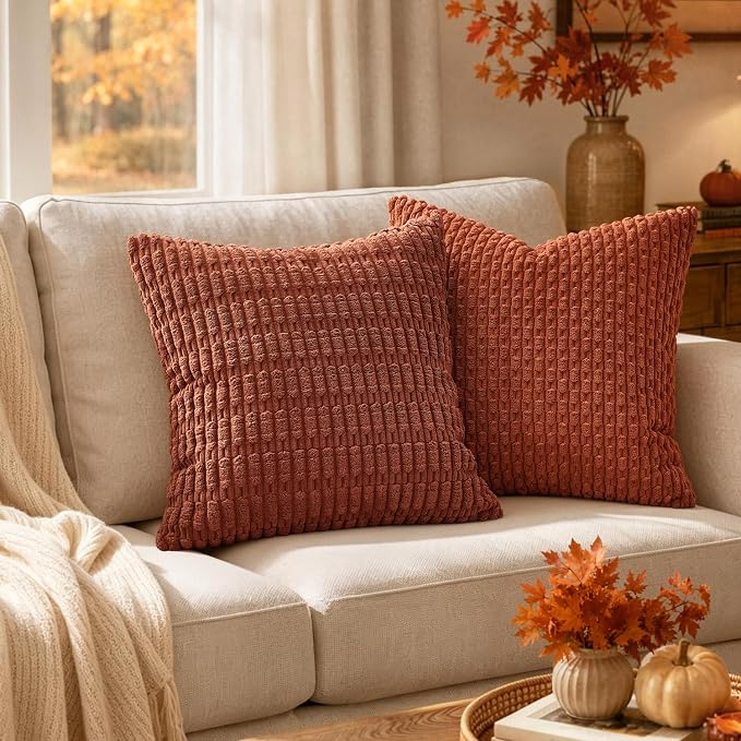 MIULEE Fall Decorative Throw Pillow Covers 12x12 Dark Rust Pack of 2 | Terracotta Soft Corduroy Boho Striped Pillow Covers Modern Farmhouse Autumn Home Decor For Sofa Living Room Couch Bed