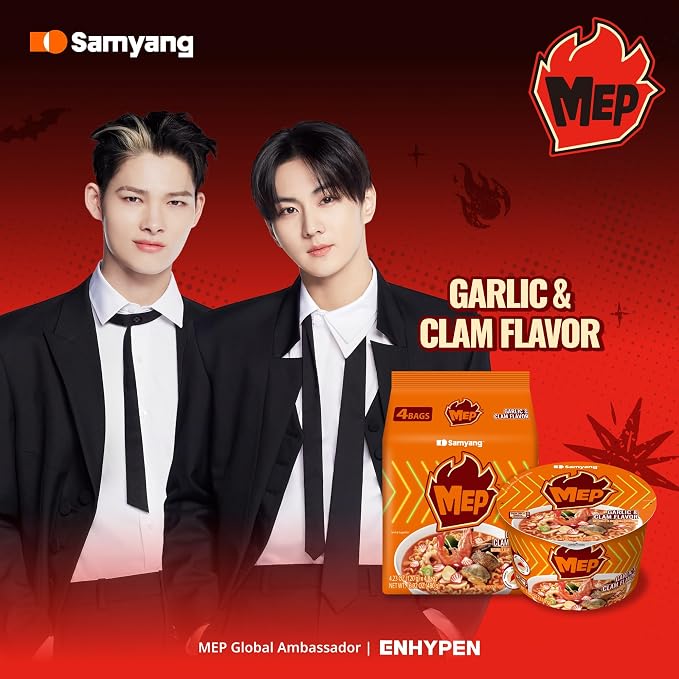 MEP Garlic Clam Bone Broth Korean Spicy Ramen Noodle Soup, 3.88 oz 4-Pack | ENHYPEN Pick; Refreshing garlic-clam seafood bone broth; Chewy qq-texture noodles; Stovetop easy-cook family pack