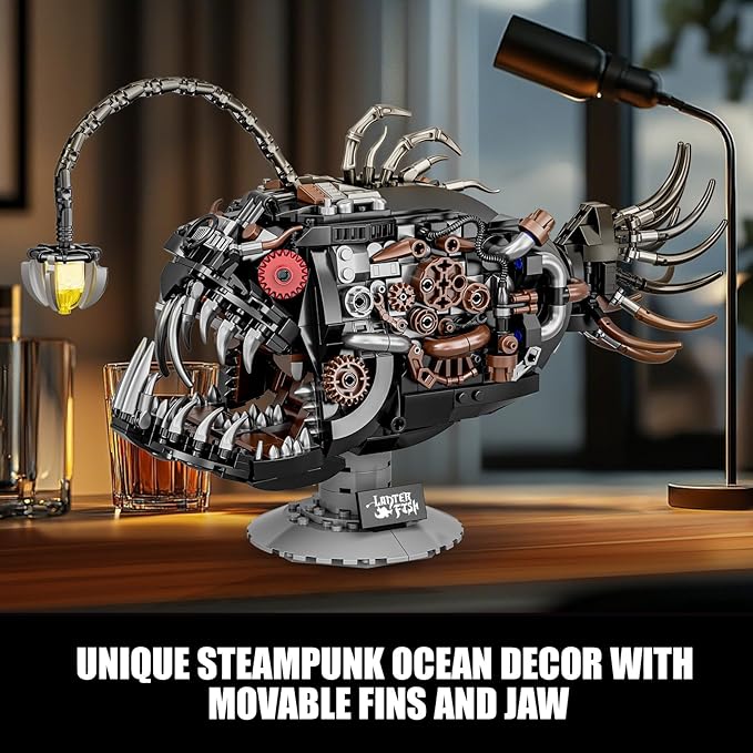 Steampunk Mechanical Lantern Fish Building Set with Light, Creative Ocean Animal Toy for Home Office Decor, Compatible with Lego for Adults, STEM Gift for Teens Kids Boys 8-14 (1038 PCS)
