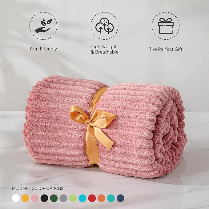 BEDELITE 3D Ribbed Jacquard Pink Fleece Twin Blanket for Bed, 60x80 Inch | Soft Warm Decorative Fluffy Blanket, Cozy Plush Lightweight Fuzzy Throw Blanket for Couch Sofa Room Decor, Gift for Women
