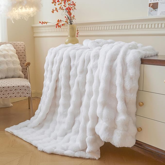 LIFEREVO Luxury Fluffy Faux Rabbit Fur Throw Blanket 50x60, White | Plush Shaggy Bubble Blanket for Bed Couch Sofa Office, Decorative Soft Cute Furry Lap Throw for Kids Teens Adults, Washable