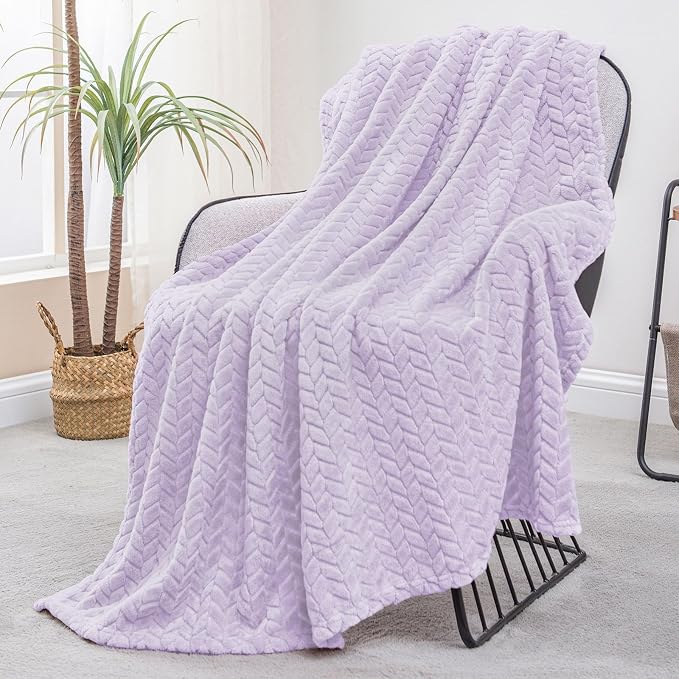 Exclusivo Mezcla Fleece Throw Blanket for Couch Sofa, 50”x70”, Lilac Purple | Oversized Soft Cozy Fluffy Blankets for Summer, Decorative Plush Flannel Throws for Living room, Bedroom with Leaves Pattern