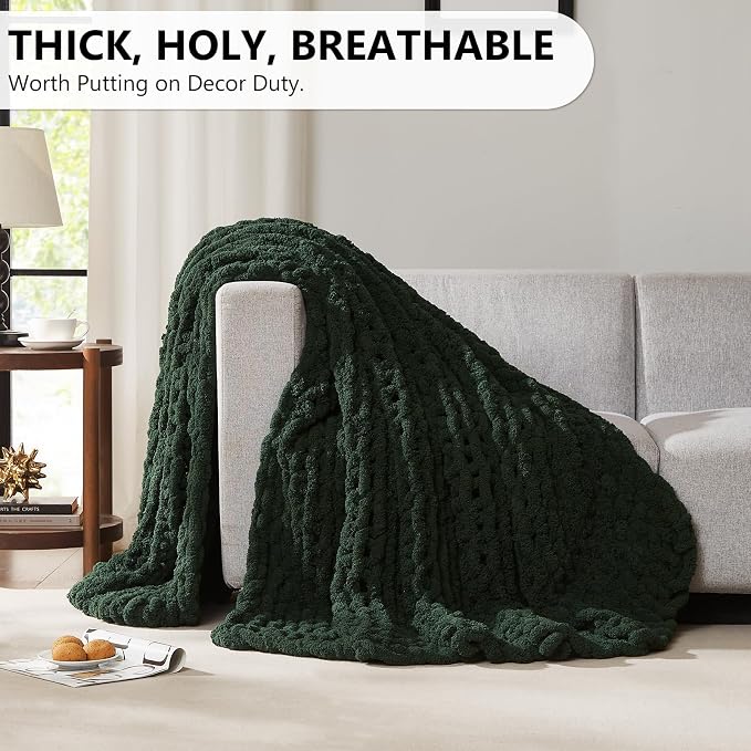 L'AGRATY Chunky Knit Throw Blanket for Couch, 60 x 80 Inches, Olive Green | Handmade Chenille Crochet Blanket for Sofa Bed, Thick Cable Knitted Blankets for Room Home Decor, Birthday Gift for Women Mom
