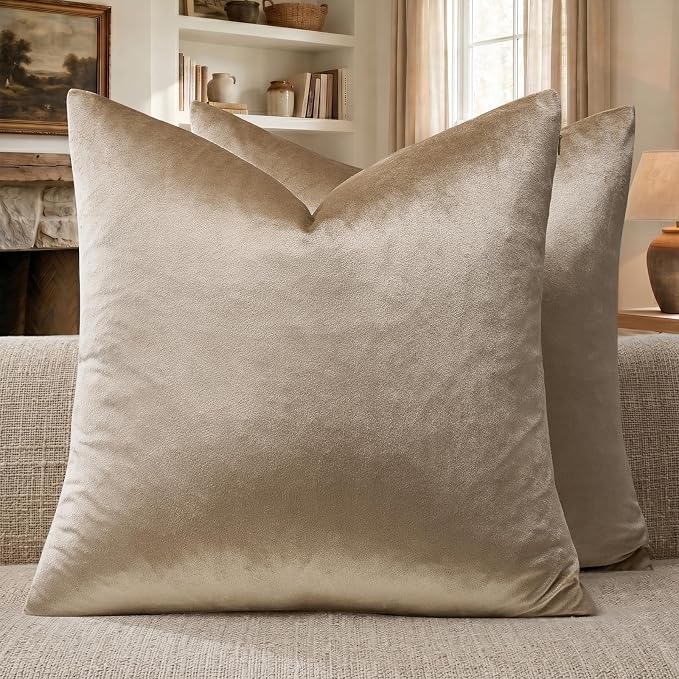 GIGIZAZA Taupe Velvet Pillow Covers 20x20 Decorative Pillows Pack of 2 | Natural Throw Pillows for Couch Sofa,280gsm Soft Textured Fabric,Luxury Modern Square Pillowcases,Luxury Cushion Covers