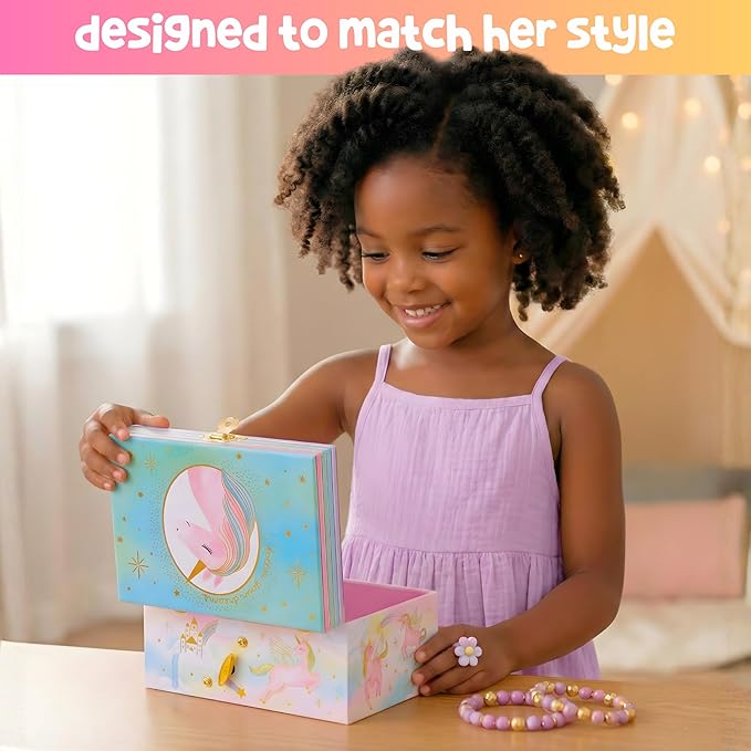 Giggle & Honey Musical Jewelry Box for Girls - Kids Jewelry Box, Unicorn Toys for Girls 4-6, Unicorn Gifts, 6 x 4.7 x 3.5 in