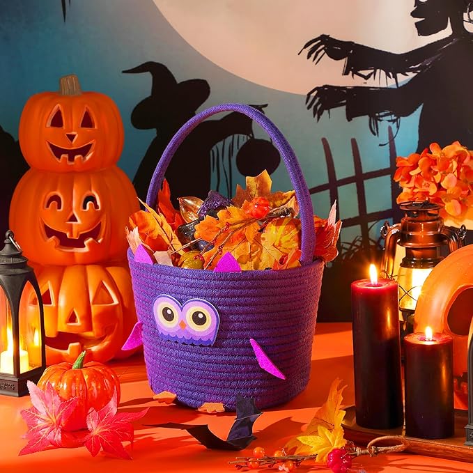 Halloween Basket with Handle Cute Bucket Cotton Rope Woven Candy Server Bag Pumpkin Witch Cat Pig Storage Basket for Halloween Party Favor(Owl,Purple,1 Pack)