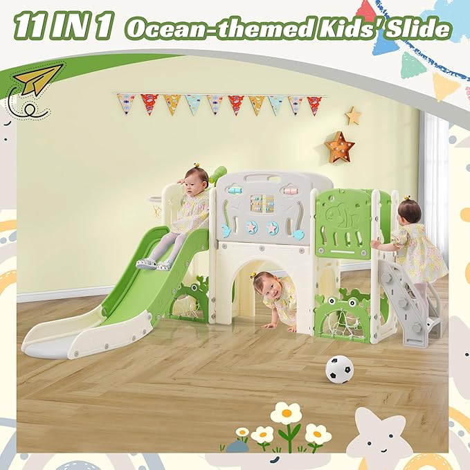 11in 1 Toddler Slide, Kid Slide for Toddlers Age 1-3 with Telescope, Basketball Hoop, and Telescope, Indoor Outdoor Playset Playground Green Grey