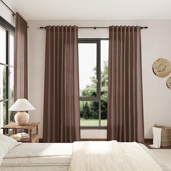 Nanspring Mocha Mousse Curtains 90 Inch Length 2 Panel Set Back Tab Rod Pocket Linen Boho Semi Sheer Light Filtering Neutral Farmhouse Decor for Living Room and Bedroom 52x90