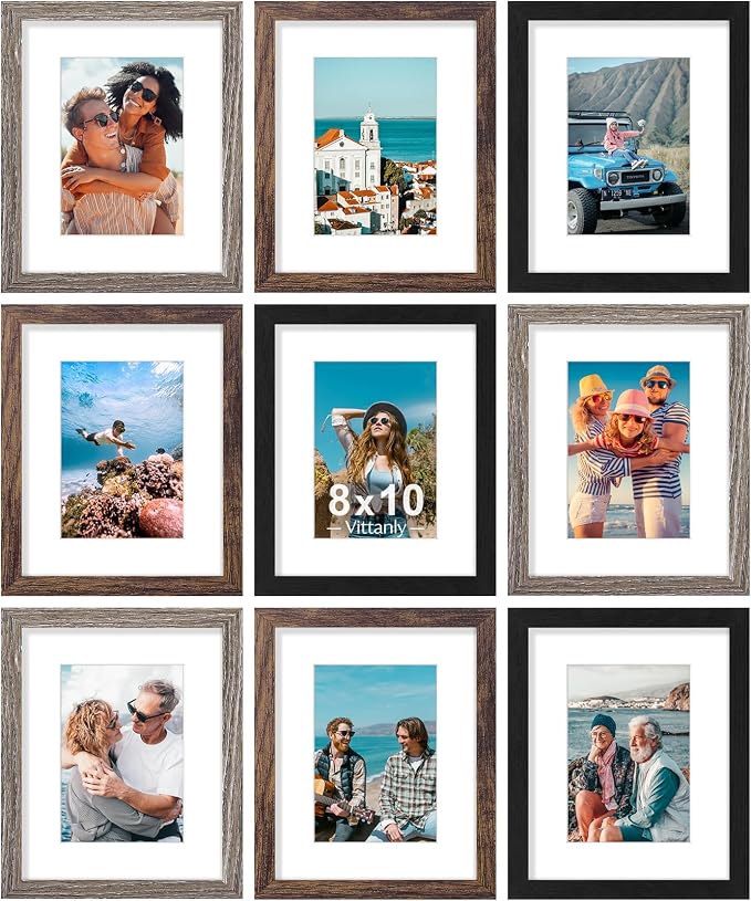 Vittanly 8x10 Picture Frames Set of 9, Black&Brown&Dark Grey | Display Pictures 5x7 with Mat or 8x10 without Mat, Small Photo Frames, Engineered Wood with Shatter Resistant Plexiglass