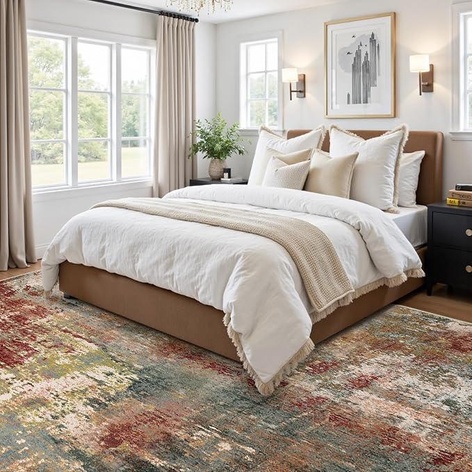 RELEANY Washable Area Rugs 5'x7' Non-Slip Modern Abstract Soft for Living Room Entryway Bedroom Kitchen, Print Pattern, Brown Rust Red Green Blue Multi