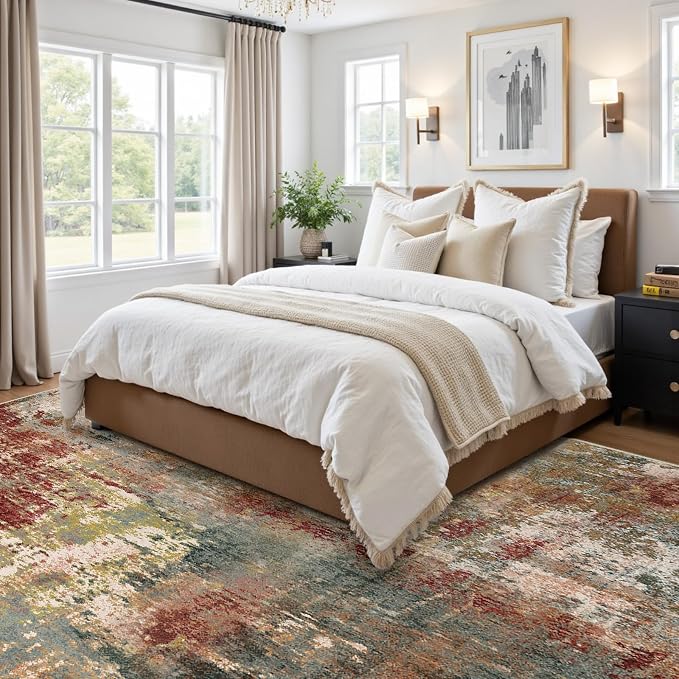 RELEANY Washable Square 9'x9' Area Rug for Living Room Rustic Brown | carpet for bedroom, kitchen, office, hallway and entryway, printed pattern, non-slip, soft, stain-resistant, easy to clean