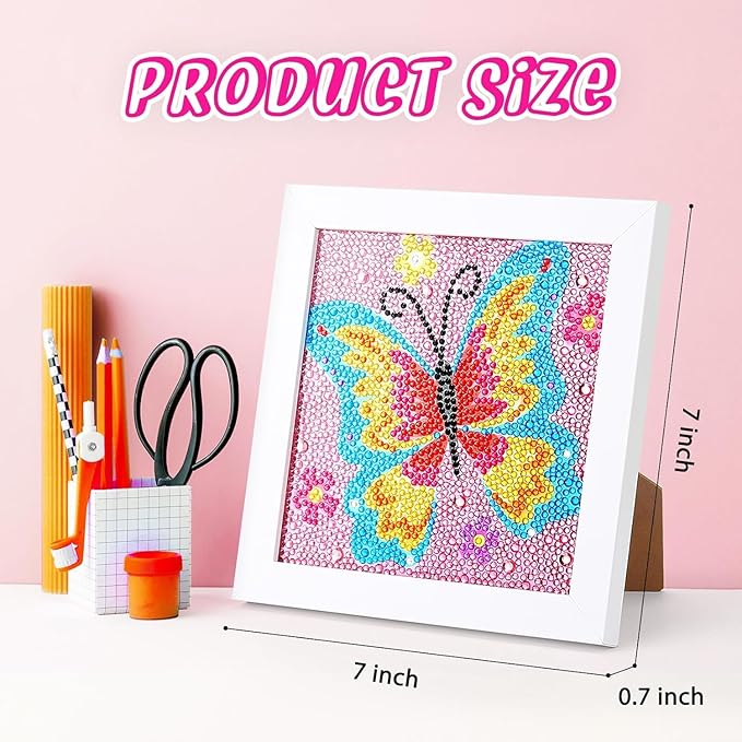 Art Kit for Kids with Frame, 7x7inch,for Diamondart and Crafts for Kids Ages 6-8-12, Easy DIY Gem Art by Number Boys for Birthday Christmas Gifts(Butterfly)