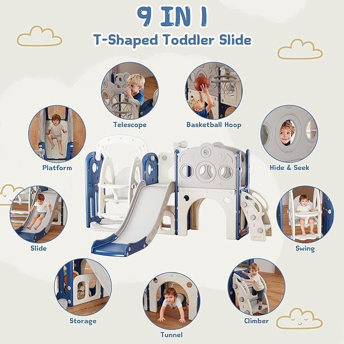 GITAWUSA 9 in 1 Toddler Slide and Swing Set, Slide for Toddlers 1-3, Kids Indoor Outdoor Playset Playground with Basketball Hoop, Telescope