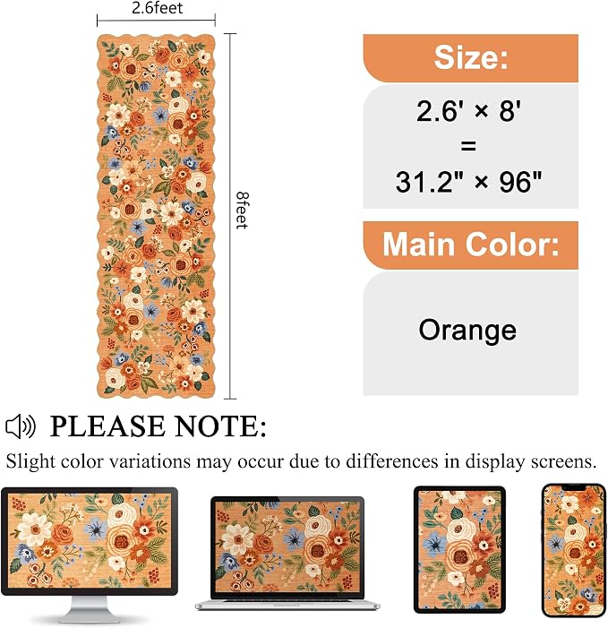 DUKINO 2.6x8 Runner Rug, Floral Washable Kitchen Rugs Non Slip, Orange | Low Pile, Stain Resistant, Soft Throw Carpet Runner for Hallway, Entryway, Bedroom, Bathroom, Pet Friendly, Modern Home Decor