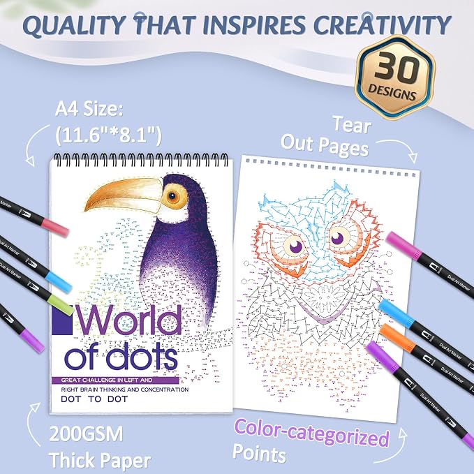 Dot-to-Dot Books for Adults: 30 Easy Dot to Dot Patterns for Stress Relief - Flow Art Dot Book, Spiral Bound, Single-Sided Print, Dots Art Gift for Women