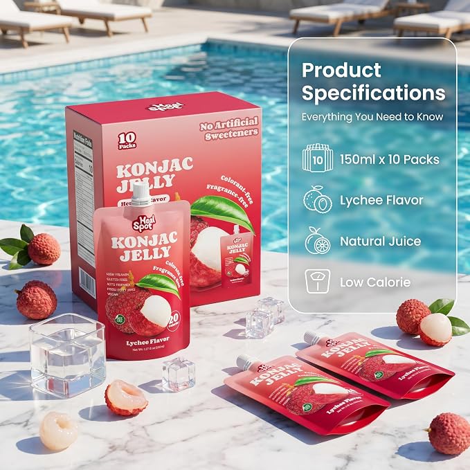 Healspot Real Fruit Juice Snacks Konjac Jelly with Collagen Peptides and Vitamin C, No Artificial Sweetener, Low Calories|Gluten Free|Keto Friendly, Healthy Korean Snacks 10 Pouches Lychee Flavor