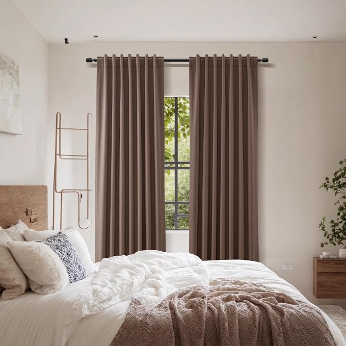 Guken Cappuccino 100% Blackout Linen Curtains 108 Inch Length 2 Panels Set for Living Room Bedroom Back Tab/Rod Pocket Thermal Insulated Farmhouse Black Out Drapes Room Darkening,52x108