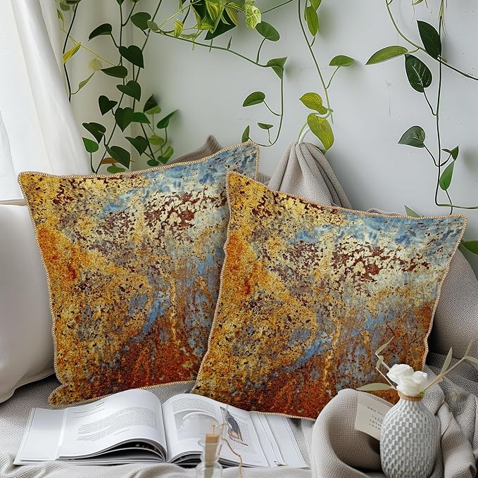 KSLIDS Brown Rust Soft Velvet Throw Pillow Covers Set of 2 Gold Orange Teal Rustic Decorative Pillow Covers 16x16 Inch Rusty Copper Metallic Bronze Pillow Case for Sofa Couch Living Room Home Decor