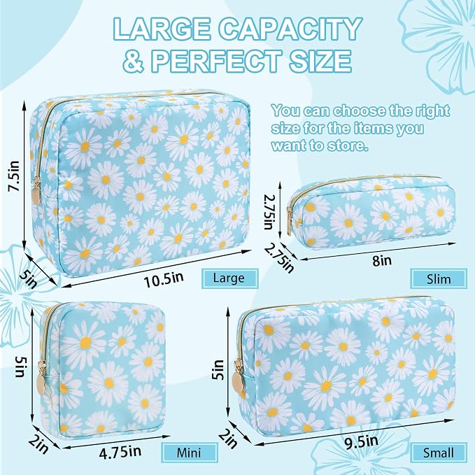 UIXIZQ Waterproof Large Floral Makeup Pouch,Nylon Travel Toiletry Storage Purse Preppy Cosmetic Bag for Women Girl,Large Capacity Makeup Organizer Zipper Pouch for Work(L Blue-Daisy)