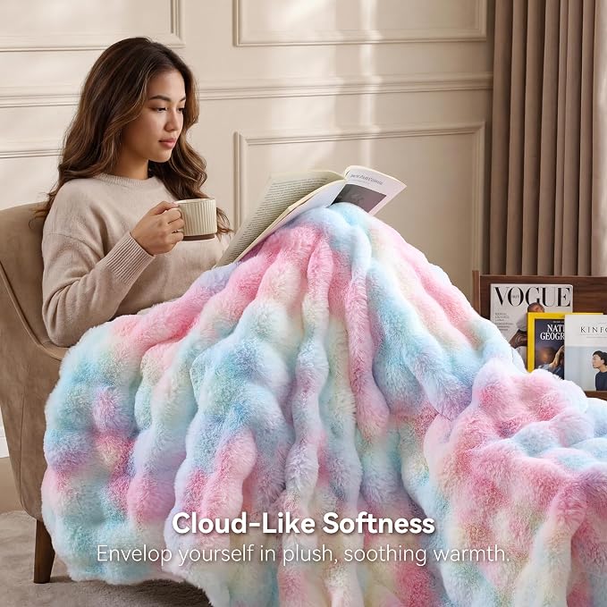 Faux Rabbit Fur Throw for Couch - Rainbow Bubble Blanket 60"x80" | Fluffy Plush Fuzzy Colorful Throw for Sofa & Bed, Super Soft Cozy Comfrt Blanket, Luxury Rainbow Decor Gift for Women