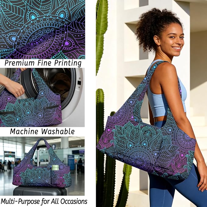 Women's Yoga Bag with Yoga Mat Carrier - Large Mat Pocket Fitness Tote for Pilates, Gym, Travel, Office & Beach