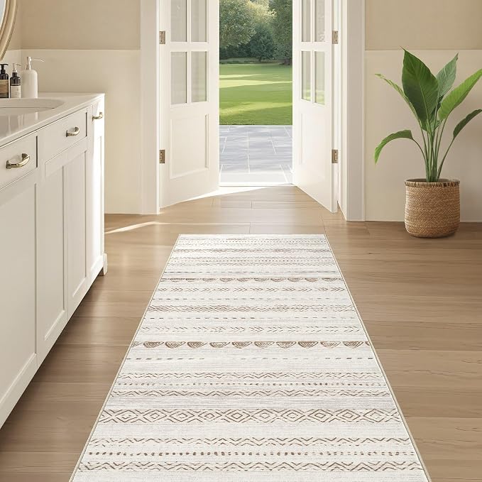 Nakagishi Boho 2x6 Runner Rug Machine Washable Rugs Non Slip Beige/Brown | Soft Underfoot, Stain Resistant, Carpet for Bedroom/Kitchen/Entryway/Hallway, Bathroom Pet & Kid Friendly Moroccan Farmhouse
