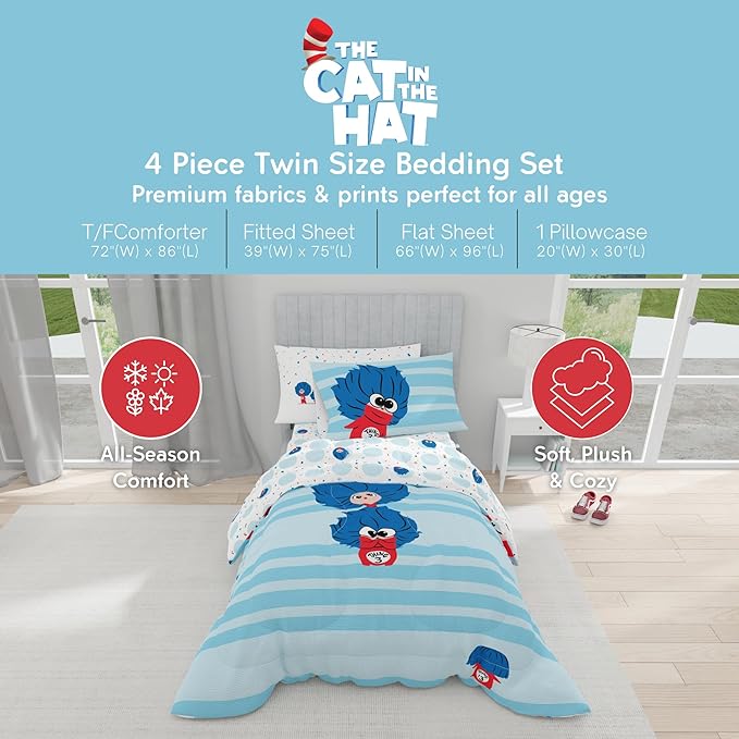 Dr Seuss The Cat in The Hat Movie Bedding Set, Twin Size 4 Piece Kids Super Soft Cozy Reversible Comforter and Sheet Set, Thing 1, Thing 2, Thing 3 (Officially Licensed Product) By Franco | Durable, Reversible, Officially Licensed