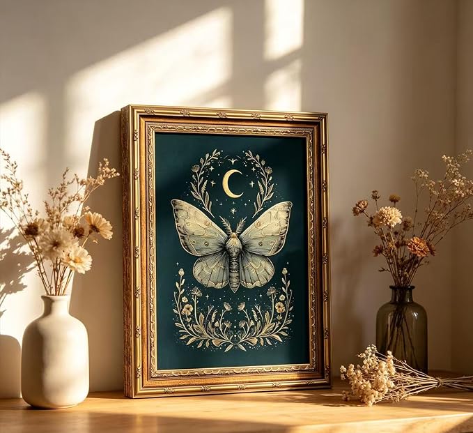 Vintage Gold Framed Celestial Moth Crescent Moon Wall Art Gothic Moody Ethereal Butterfly Picture Wall Decor Dark Botanical Insect Picture Canvas Print Mystical Witchy Poster Artwork for Living Room