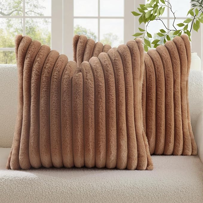 decorUhome Fall Faux Fur Throw Pillow Covers 24x24 Set of 2 Brown | Decorative Soft Cozy Striped Plush Modern Farmhouse Boho Couch Pillow Cases Velvet Back for Sofa Bed Living Room Home Decor