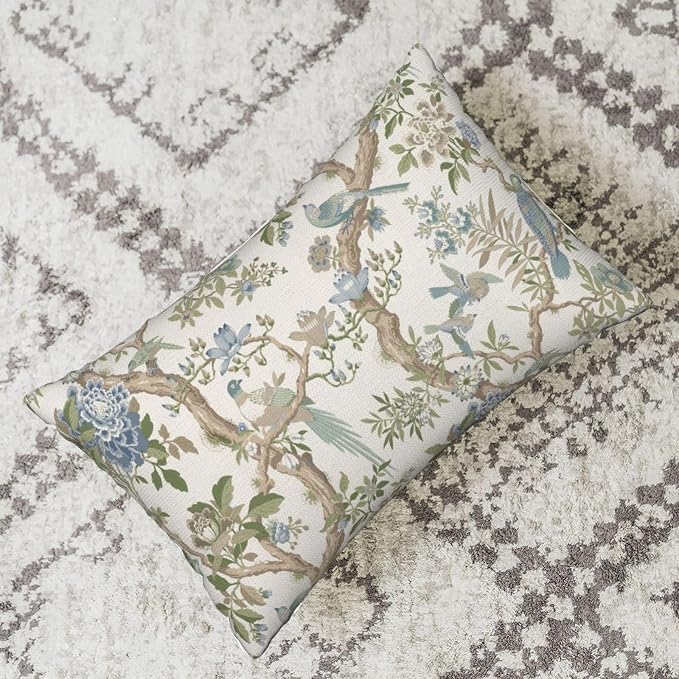 Blue Green Floral Bird Pillow Covers 12x20 Set of 2 Chinoiserie Throw Pillows Green Vintage Flowers Bird Decorative Pillow Cases Outdoor Farmhouse Lumbar Decor Cushion Case for Couch Sofa