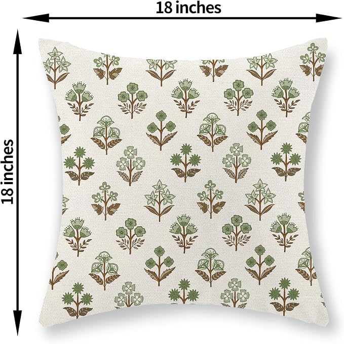 Farmhouse Floral Block Print Pillow Covers 18x18 Set of 2, Vintage Rustic Decorative Throw Pillows Modern Flower Cushion Covers for Sofa Couch Bed Living Room Home Decor, Sage Green Brown