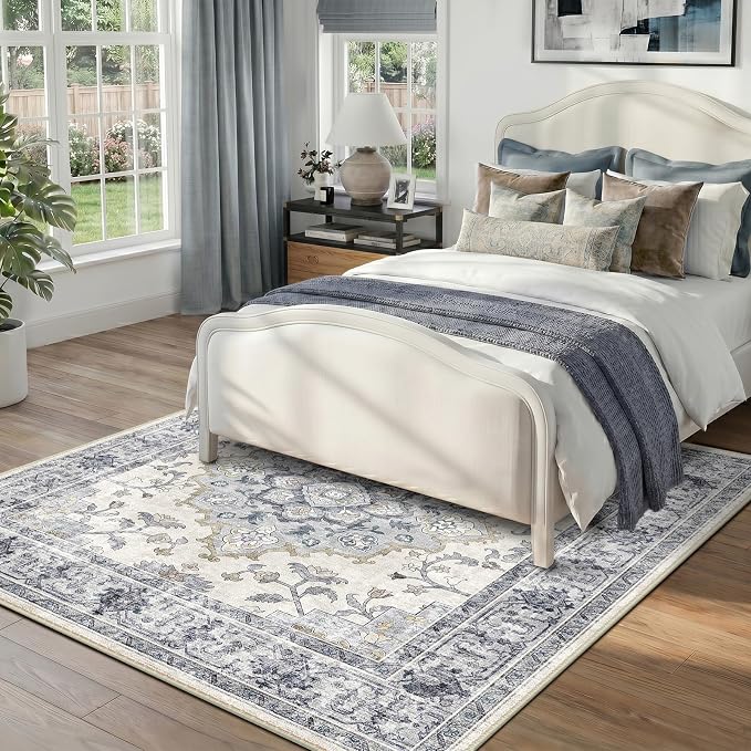 CAPALOCA Square 5ft Washable Nursery Girls Low Pile Area Rug Blue White | Non-Slip Soft Rugs for Bedroom Kids Playroom Living Room, Print Pattern Water Repellent Carpet Indoor Decor