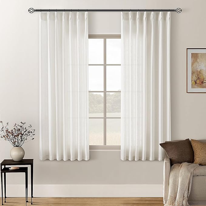 TWODRAPES Natural Pinch Pleated Linen Curtains 63 Inch Length 2 Panels Set | for Dining Living Room Bedroom Window, Memory Shape Trained, 400GSM Fabric, Semi Sheer, Pinch Pleat with Hooks Rings 40x63