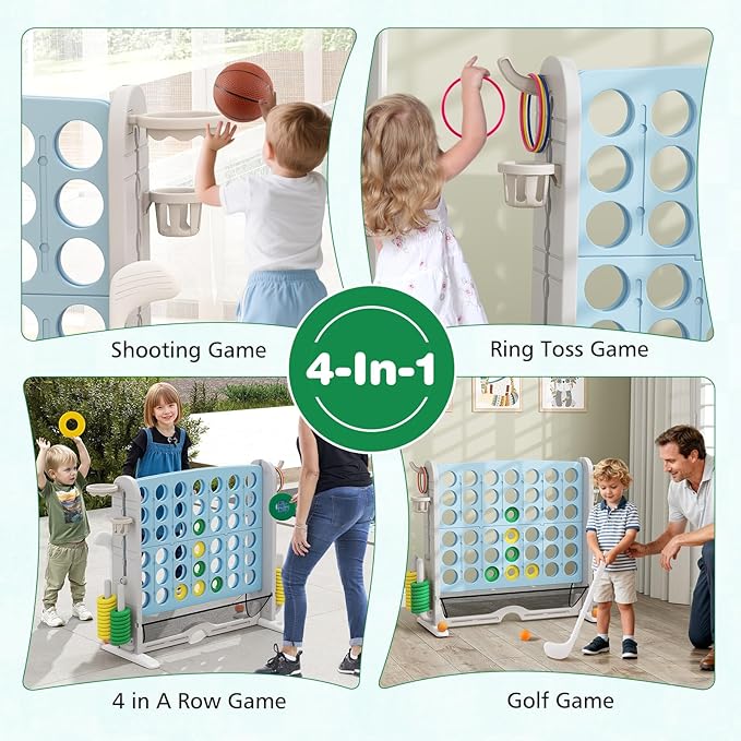 Costzon Giant 4-in-A-Row Connect Game, Height Adjustable 4-in-1 Jumbo 4-to-Score Yard Game with Golf, Ring Toss, Basketball, Cup Holder & Mesh Net, Indoor Outdoor Game for Kids Adults Family Party