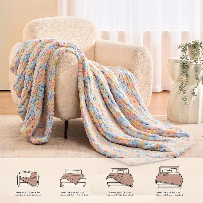 L'AGRATY Chunky Knit Throw Blanket for Couch, 60 x 80 Inches, Rainbow | Handmade Chenille Crochet Blanket for Sofa Bed, Thick Cable Knitted Blankets for Room Home Decor, Birthday Gift for Women Mom