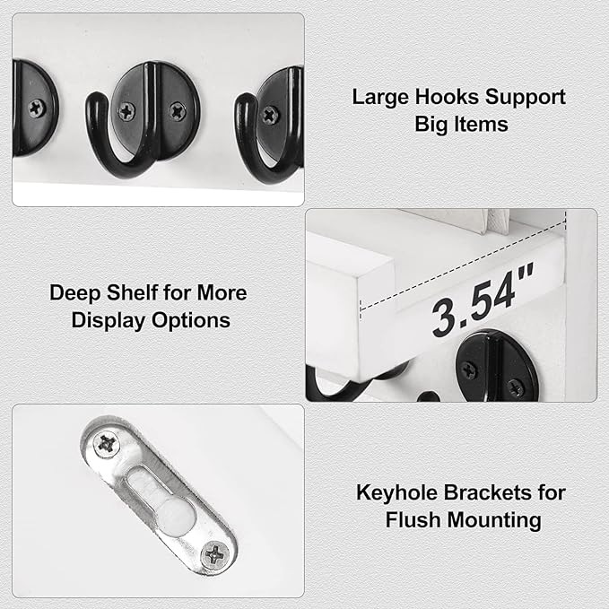 Lwenki Key Holder for Wall, Decorative Key and Mail Holder with Shelf Has Large Key Hooks for Bags, Coats, Umbrella – Paulownia Wood Key Hanger with Mounting Hardware (9.8”W x 6.7”H x 4.2”D)